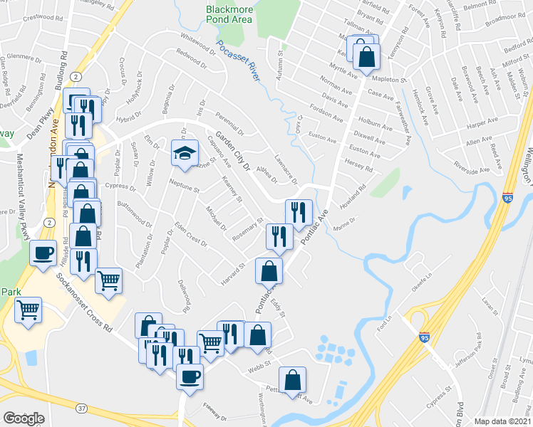 map of restaurants, bars, coffee shops, grocery stores, and more near 97 Capuano Avenue in Cranston