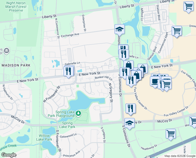 map of restaurants, bars, coffee shops, grocery stores, and more near 386 Bunker Hill Circle in Aurora