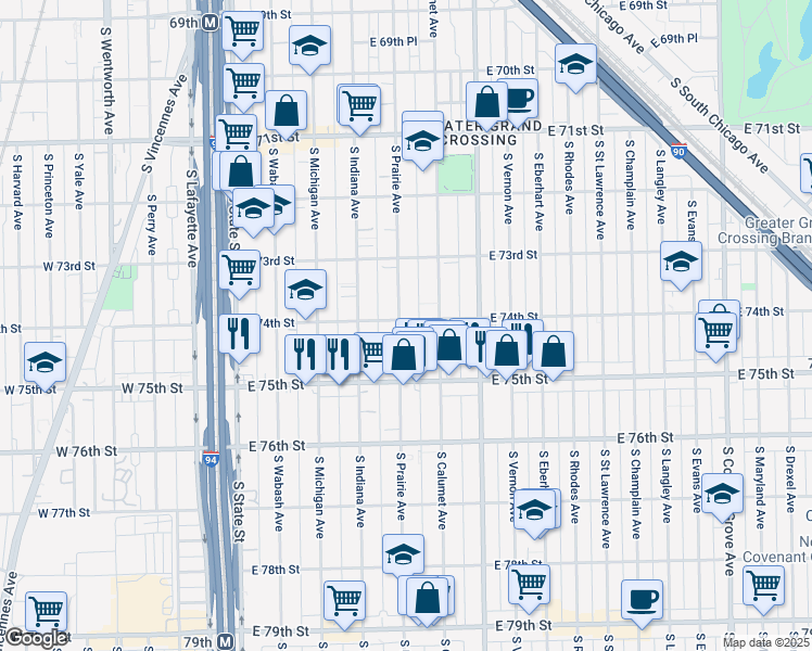 map of restaurants, bars, coffee shops, grocery stores, and more near 7401 South Prairie Avenue in Chicago