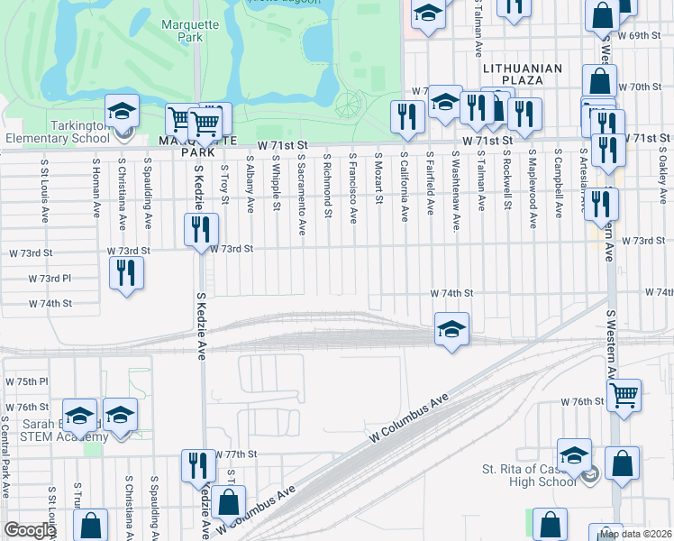 map of restaurants, bars, coffee shops, grocery stores, and more near 7327 South Richmond Street in Chicago
