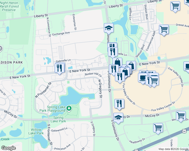 map of restaurants, bars, coffee shops, grocery stores, and more near 363 North Gregory Street in Aurora