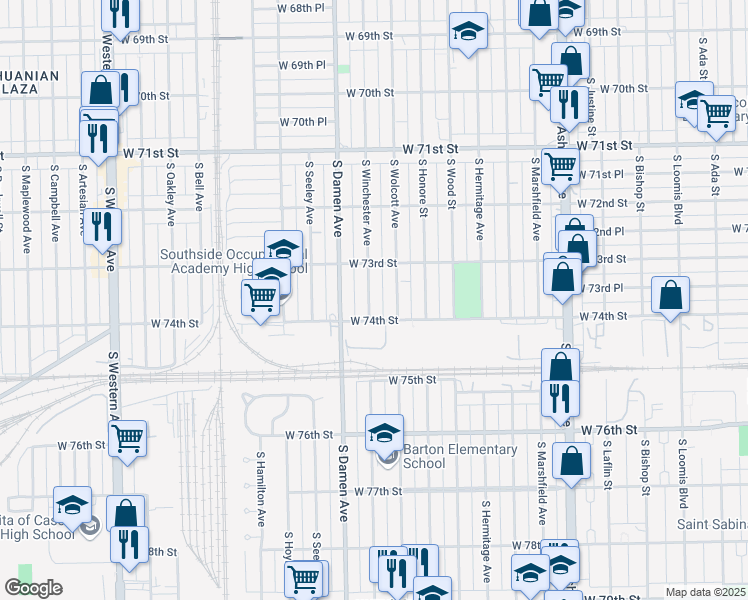 map of restaurants, bars, coffee shops, grocery stores, and more near 7339 South Winchester Avenue in Chicago