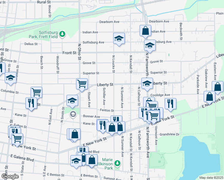 map of restaurants, bars, coffee shops, grocery stores, and more near 262 North Loucks Street in Aurora