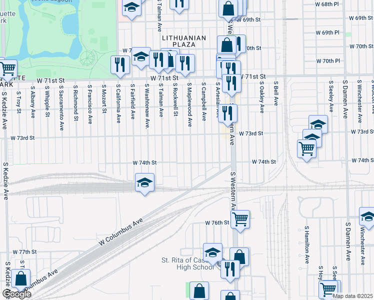 map of restaurants, bars, coffee shops, grocery stores, and more near 7330 South Maplewood Avenue in Chicago