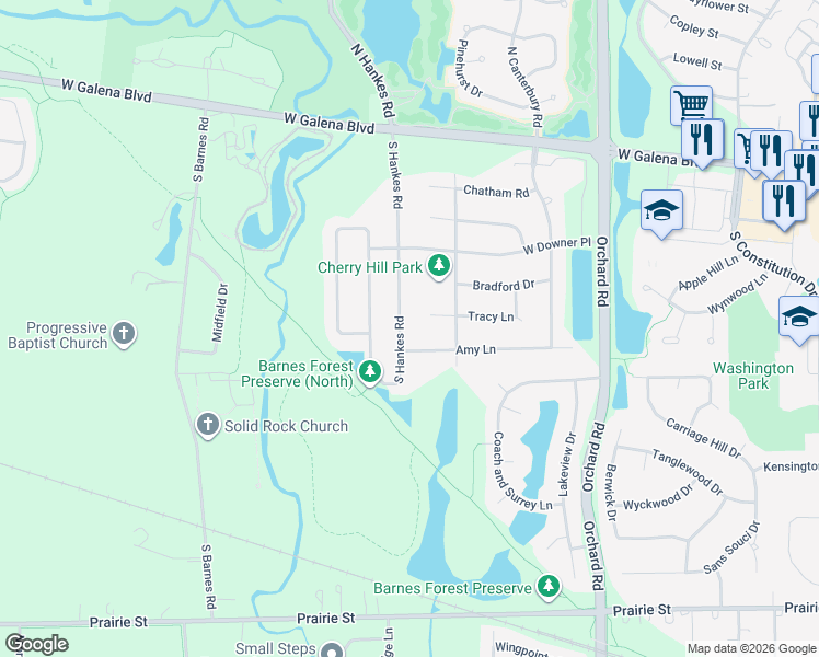 map of restaurants, bars, coffee shops, grocery stores, and more near 94 South Hankes Road in Aurora