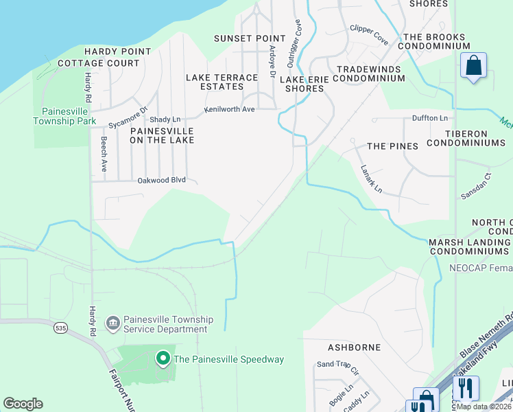 map of restaurants, bars, coffee shops, grocery stores, and more near 1431 Windrunner Tr in Painesville