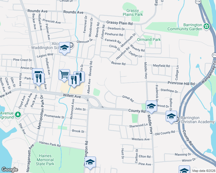 map of restaurants, bars, coffee shops, grocery stores, and more near 31 Great Rd in Barrington