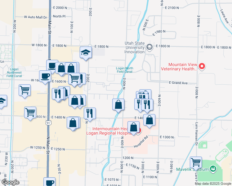 map of restaurants, bars, coffee shops, grocery stores, and more near 395 East 1530 North in Logan