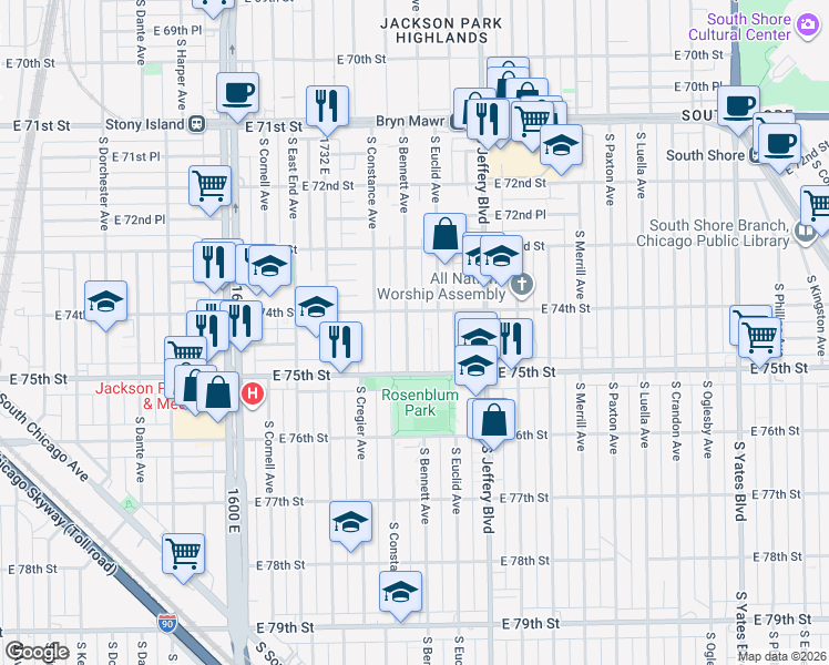 map of restaurants, bars, coffee shops, grocery stores, and more near 7421 South Bennett Avenue in Chicago
