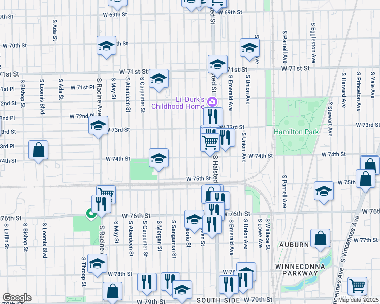 map of restaurants, bars, coffee shops, grocery stores, and more near 7351 South Peoria Street in Chicago