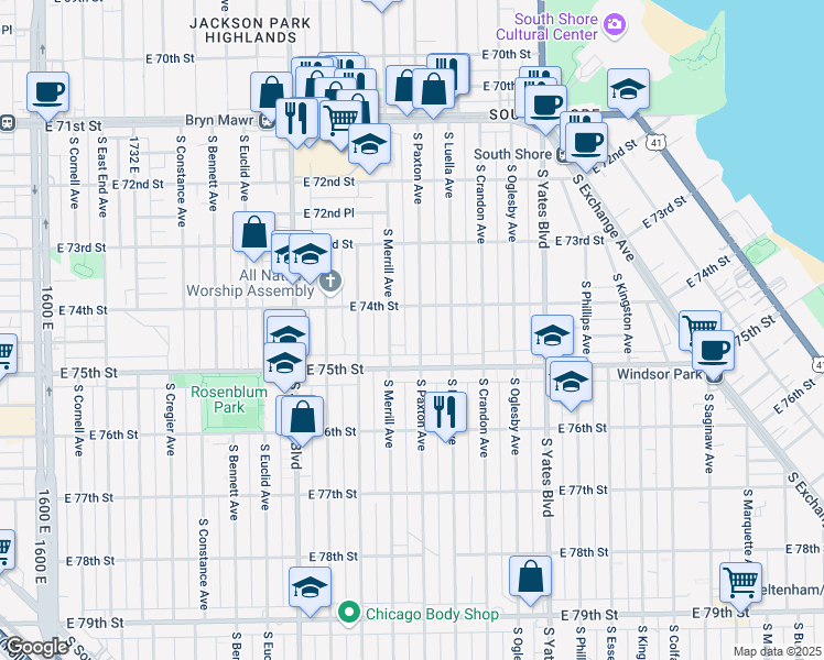 map of restaurants, bars, coffee shops, grocery stores, and more near 7420 South Paxton Avenue in Chicago