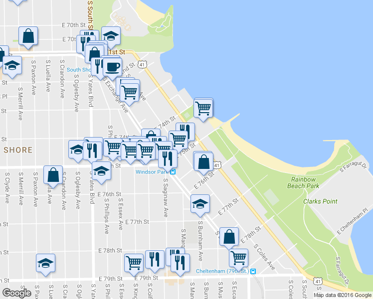 map of restaurants, bars, coffee shops, grocery stores, and more near 2706 E 75th St in Chicago