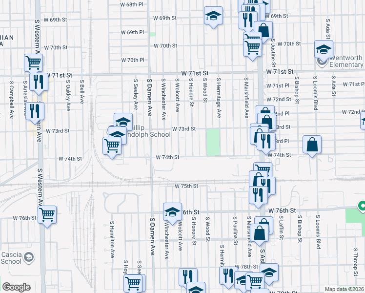 map of restaurants, bars, coffee shops, grocery stores, and more near 7339 South Wolcott Avenue in Chicago