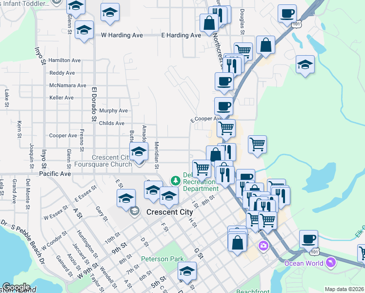 map of restaurants, bars, coffee shops, grocery stores, and more near 343 East Lauff Avenue in Crescent City