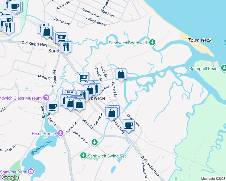map of restaurants, bars, coffee shops, grocery stores, and more near 8 Factory Street in Sandwich