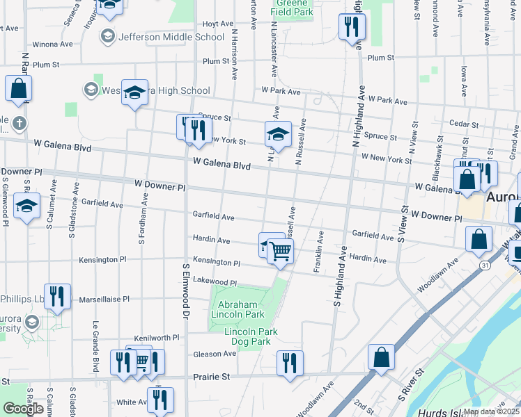 map of restaurants, bars, coffee shops, grocery stores, and more near 63 South Lancaster Avenue in Aurora
