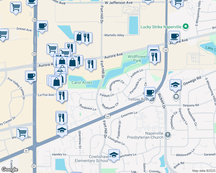 map of restaurants, bars, coffee shops, grocery stores, and more near 671 Wintergreen Circle in Naperville