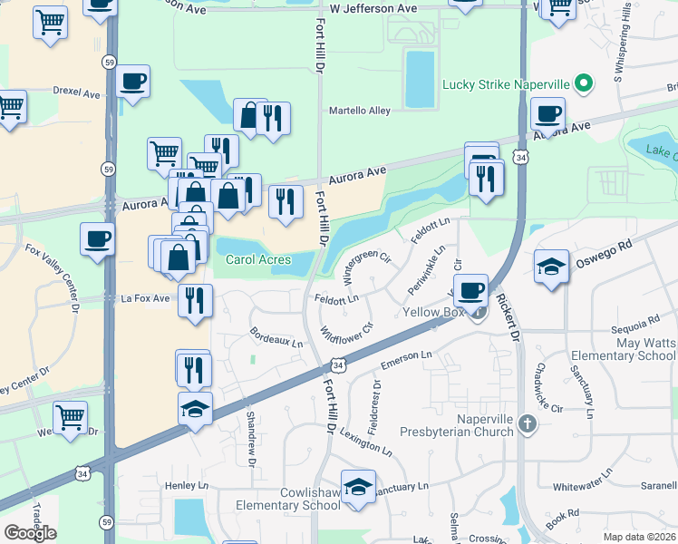map of restaurants, bars, coffee shops, grocery stores, and more near 671 Wintergreen Circle in Naperville