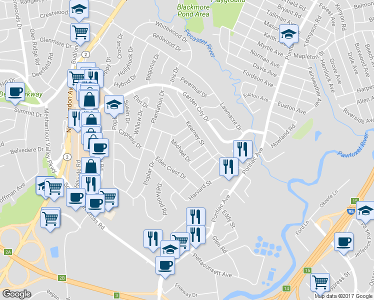 map of restaurants, bars, coffee shops, grocery stores, and more near 40 Ruskin St in Cranston