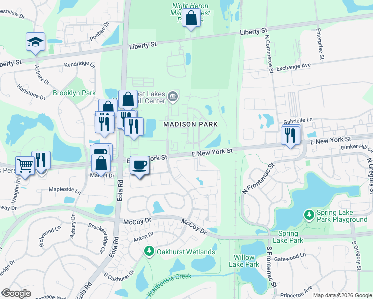 map of restaurants, bars, coffee shops, grocery stores, and more near 420 Conservatory Lane in Aurora