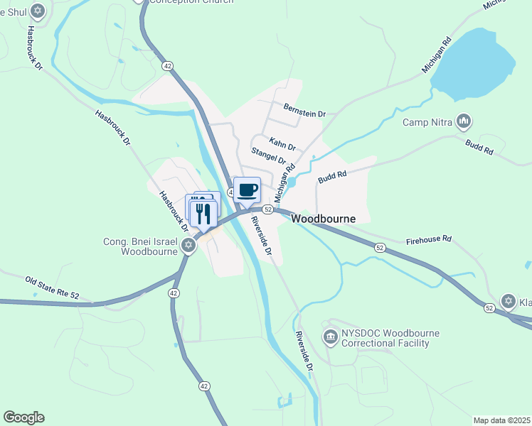 map of restaurants, bars, coffee shops, grocery stores, and more near 399 New York 52 in Woodbourne