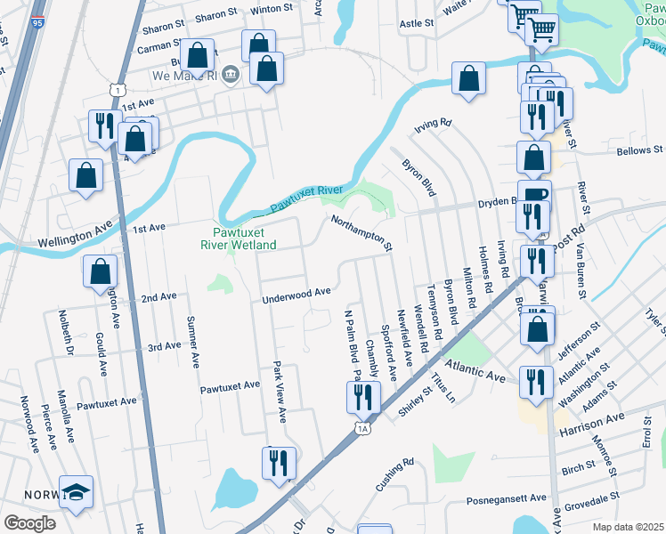 map of restaurants, bars, coffee shops, grocery stores, and more near 77 Underwood Avenue in Warwick
