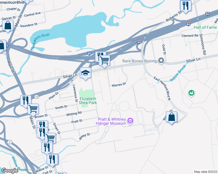 map of restaurants, bars, coffee shops, grocery stores, and more near 57 Whitney Street in East Hartford