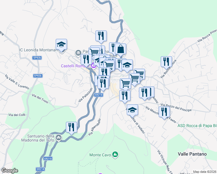 map of restaurants, bars, coffee shops, grocery stores, and more near 40 Via dell'Osservatorio in Rocca di Papa
