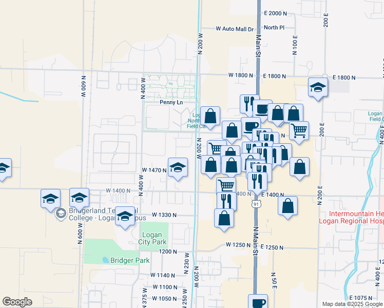 map of restaurants, bars, coffee shops, grocery stores, and more near 1525 North 200 West in Logan