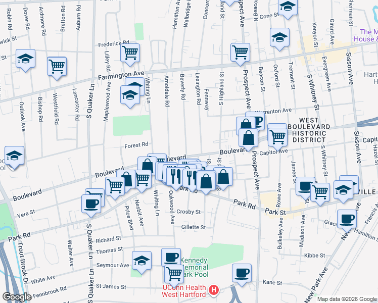 map of restaurants, bars, coffee shops, grocery stores, and more near 77 Beverly Road in West Hartford