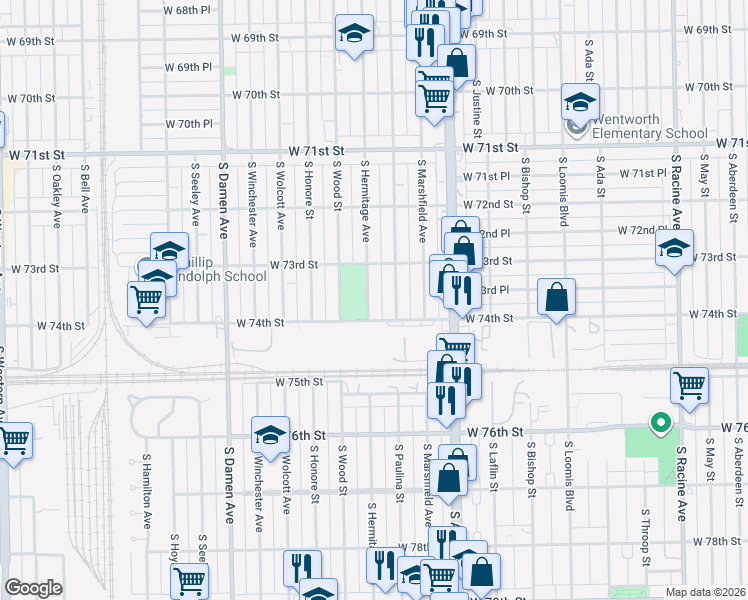 map of restaurants, bars, coffee shops, grocery stores, and more near 7339 South Hermitage Avenue in Chicago