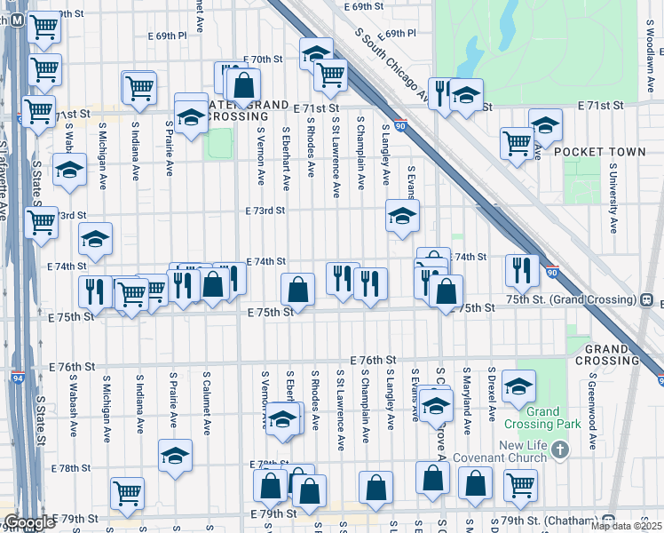 map of restaurants, bars, coffee shops, grocery stores, and more near 7406 South Saint Lawrence Avenue in Chicago