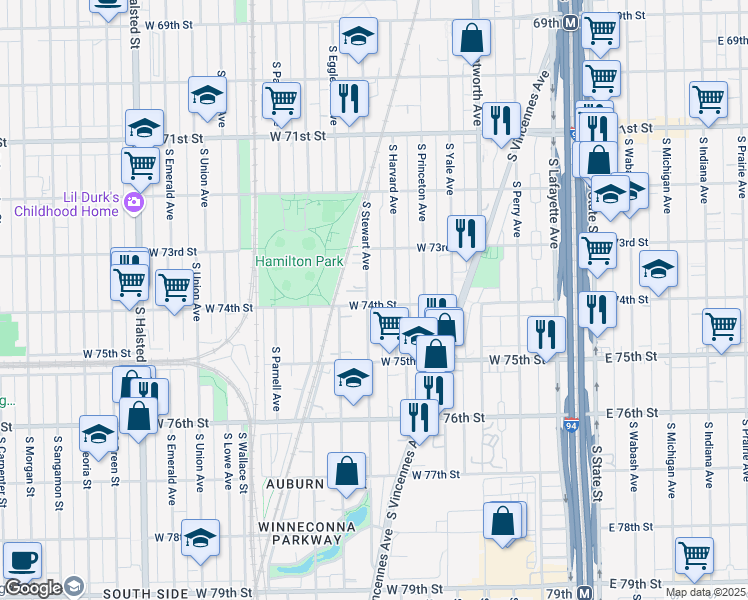 map of restaurants, bars, coffee shops, grocery stores, and more near 358 West 74th Street in Chicago