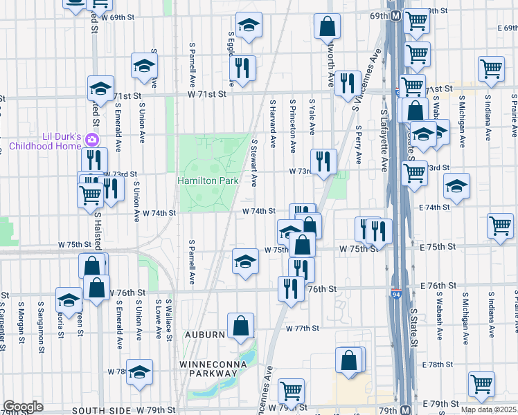 map of restaurants, bars, coffee shops, grocery stores, and more near 358 West 74th Street in Chicago