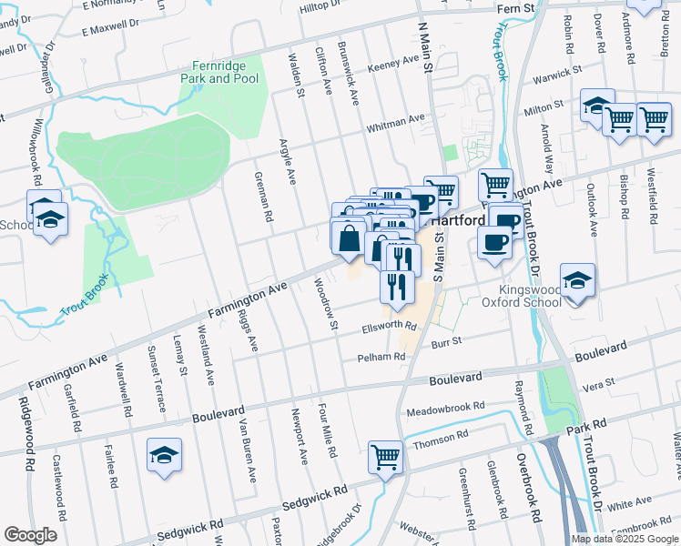 map of restaurants, bars, coffee shops, grocery stores, and more near 1013 Farmington Avenue in West Hartford
