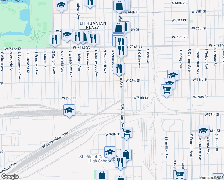 map of restaurants, bars, coffee shops, grocery stores, and more near 7330 South Artesian Avenue in Chicago