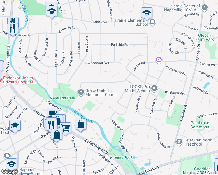 map of restaurants, bars, coffee shops, grocery stores, and more near 905 Watercress Drive in Naperville