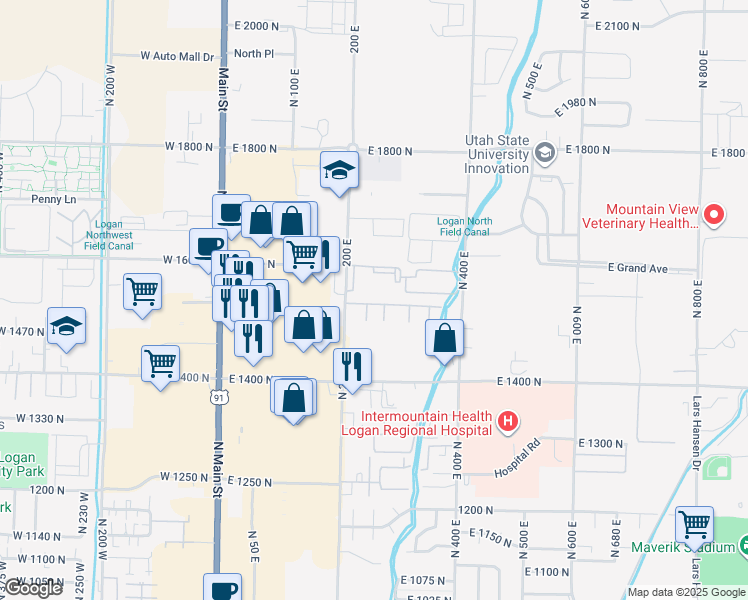 map of restaurants, bars, coffee shops, grocery stores, and more near 239 East 1530 North in North Logan