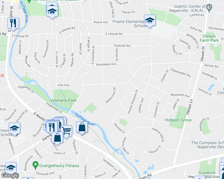 map of restaurants, bars, coffee shops, grocery stores, and more near 905 Watercress Drive in Naperville