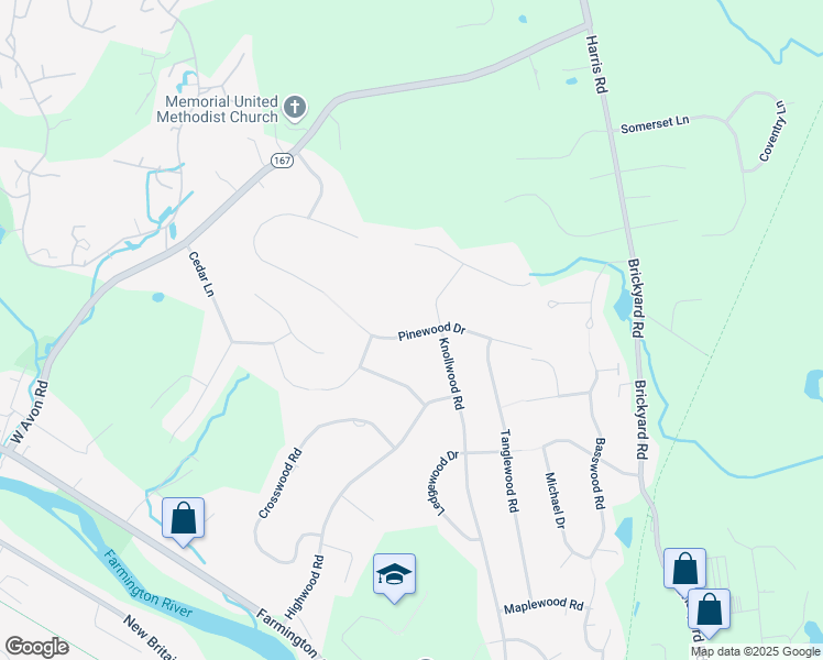 map of restaurants, bars, coffee shops, grocery stores, and more near 33 Pinewood Drive in Farmington