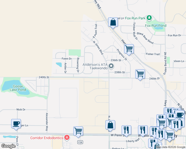 map of restaurants, bars, coffee shops, grocery stores, and more near 1320 Doe Run Drive in North Liberty