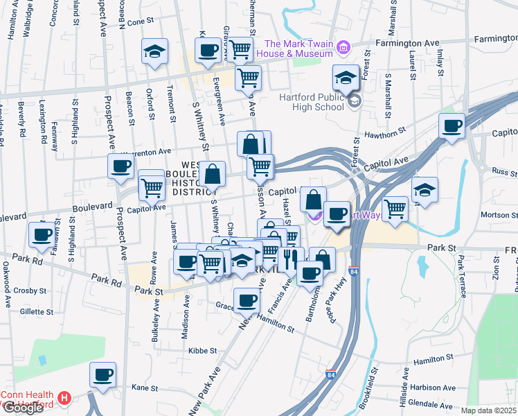 map of restaurants, bars, coffee shops, grocery stores, and more near 81 Sisson Avenue in Hartford