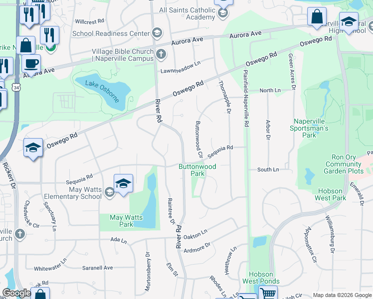 map of restaurants, bars, coffee shops, grocery stores, and more near 764 River Road in Naperville