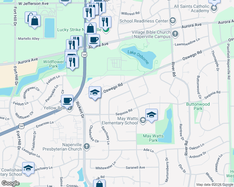 map of restaurants, bars, coffee shops, grocery stores, and more near 1421 Ambleside Circle in Naperville