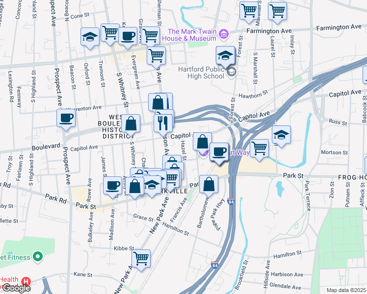 map of restaurants, bars, coffee shops, grocery stores, and more near 73 Hazel Street in Hartford
