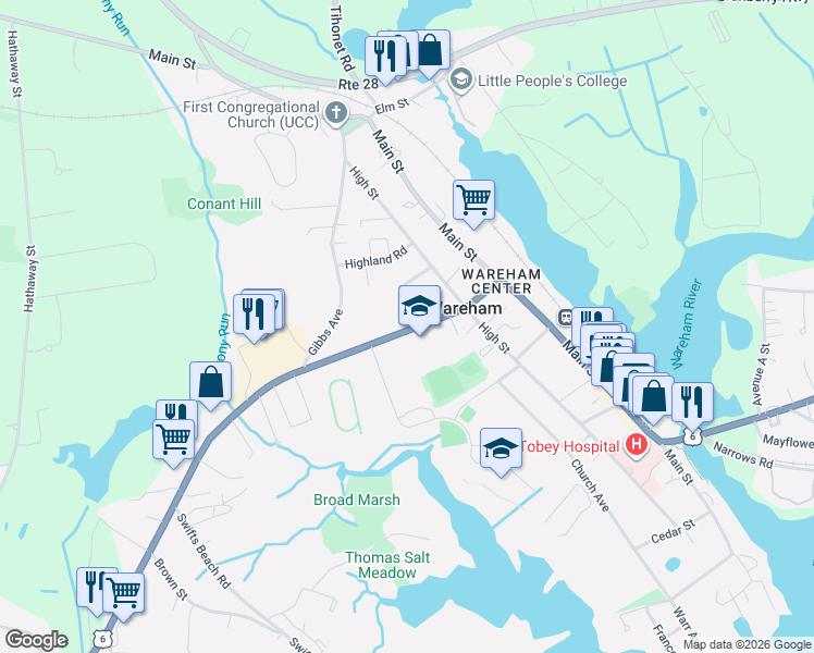 map of restaurants, bars, coffee shops, grocery stores, and more near 55 U.S. 6 in Wareham