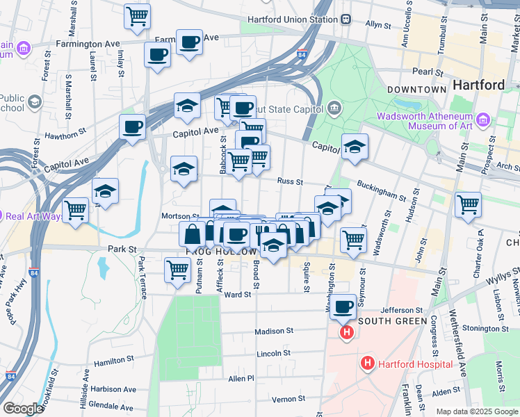 map of restaurants, bars, coffee shops, grocery stores, and more near 688 Broad Street in Hartford