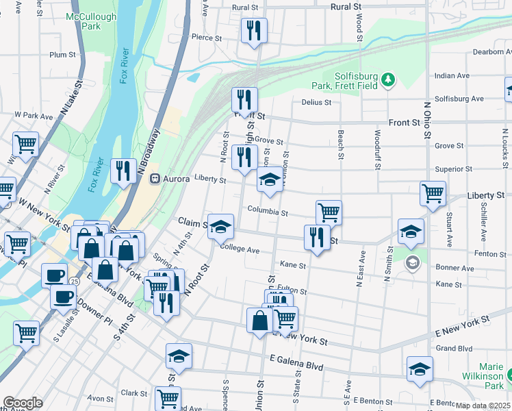 map of restaurants, bars, coffee shops, grocery stores, and more near 250 Jefferson Street in Aurora