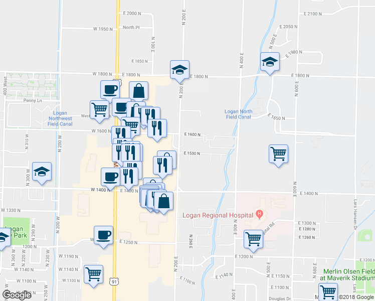 map of restaurants, bars, coffee shops, grocery stores, and more near 210 East 1530 North in North Logan