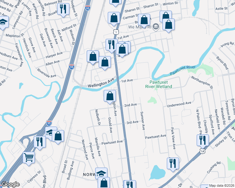 map of restaurants, bars, coffee shops, grocery stores, and more near 38 Harrington Avenue in Warwick